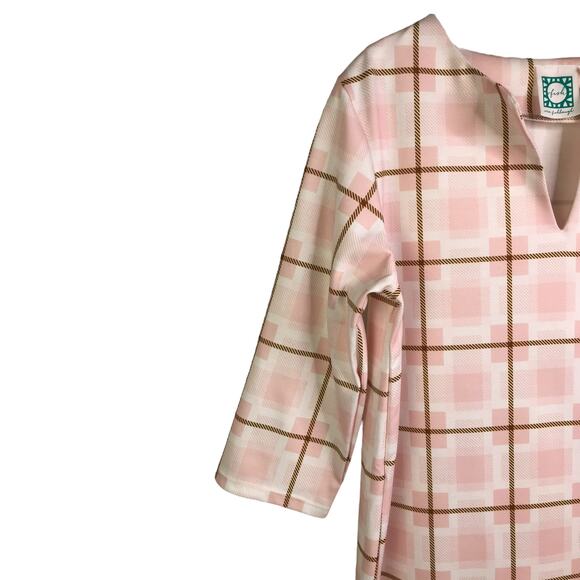Vera Fishbaugh Dress Womens Pink White Plaid V-Neck Elbow Length Sleeve - Picture 6 of 9